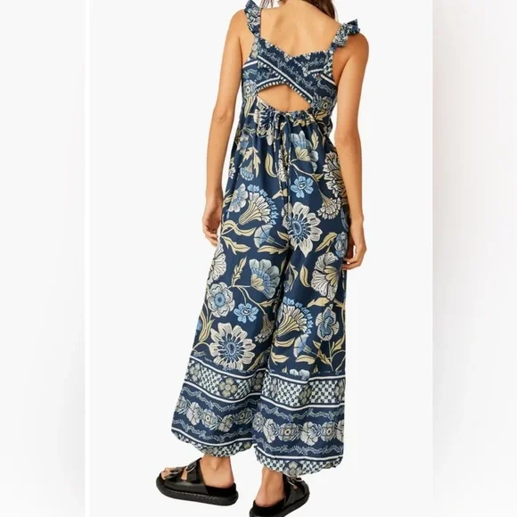 Free People Bali Albright Cotton Floral Jumpsuit With Pockets Blue Combo - Picture 2 of 6